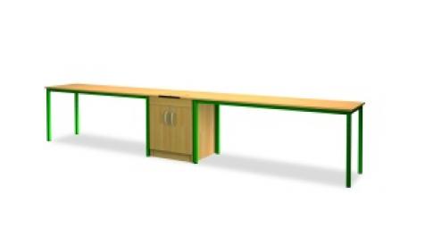 Sestava č.1 2x laboratorní stůl BASIC 1x středová skříňka s elektroinstalací 12/24V, se zámkem Rozvody slaboproudu vedené v podlaze